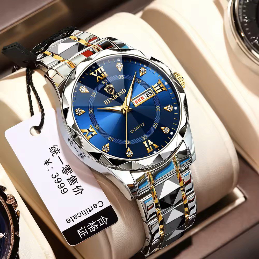 BINBOND 2521 Quartz Luminous Stainless Steel Watch For Men-Silver Blue