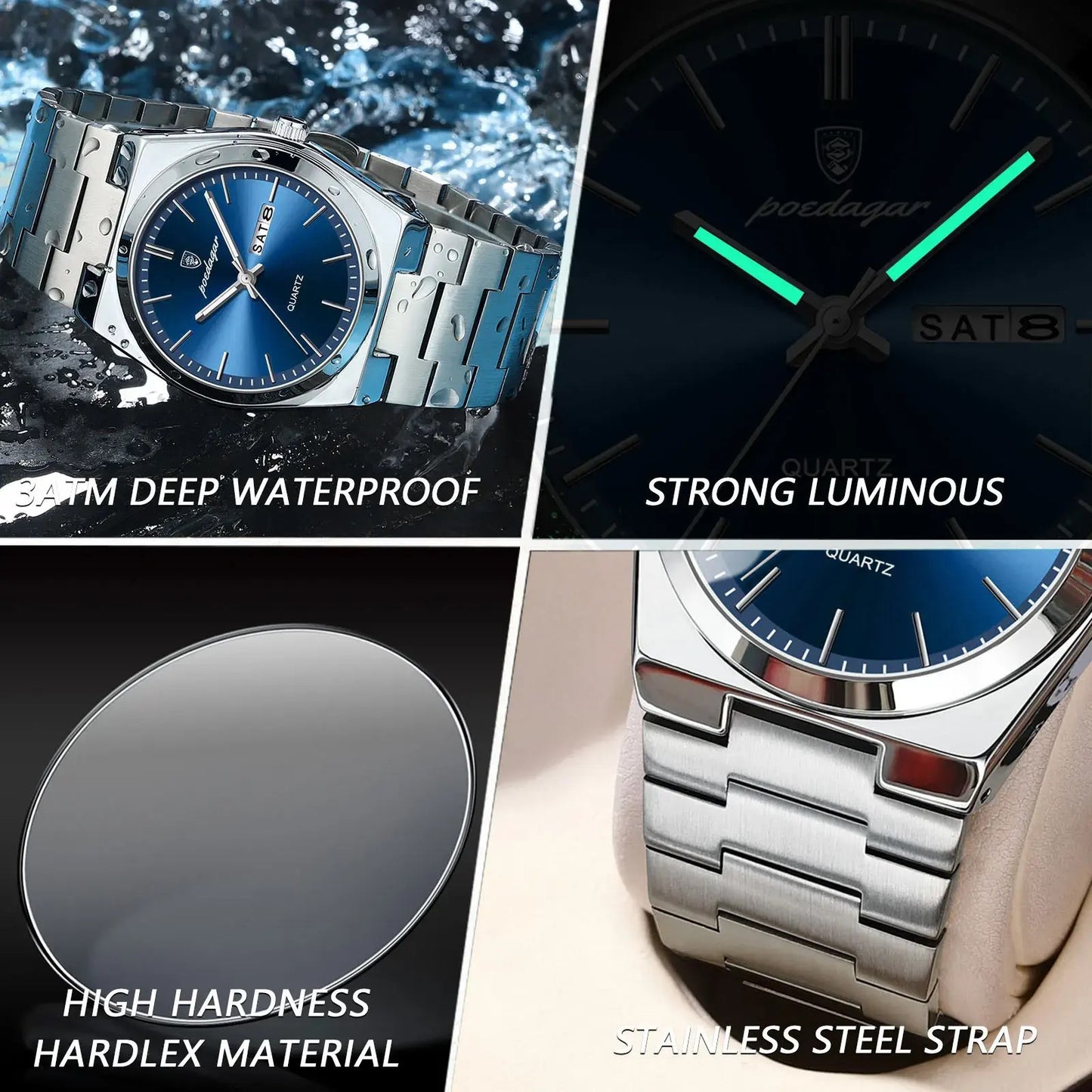 POEDAGAR 930 Business Luminous Stainless Steel Quartz Men's Watch- Silver Blue