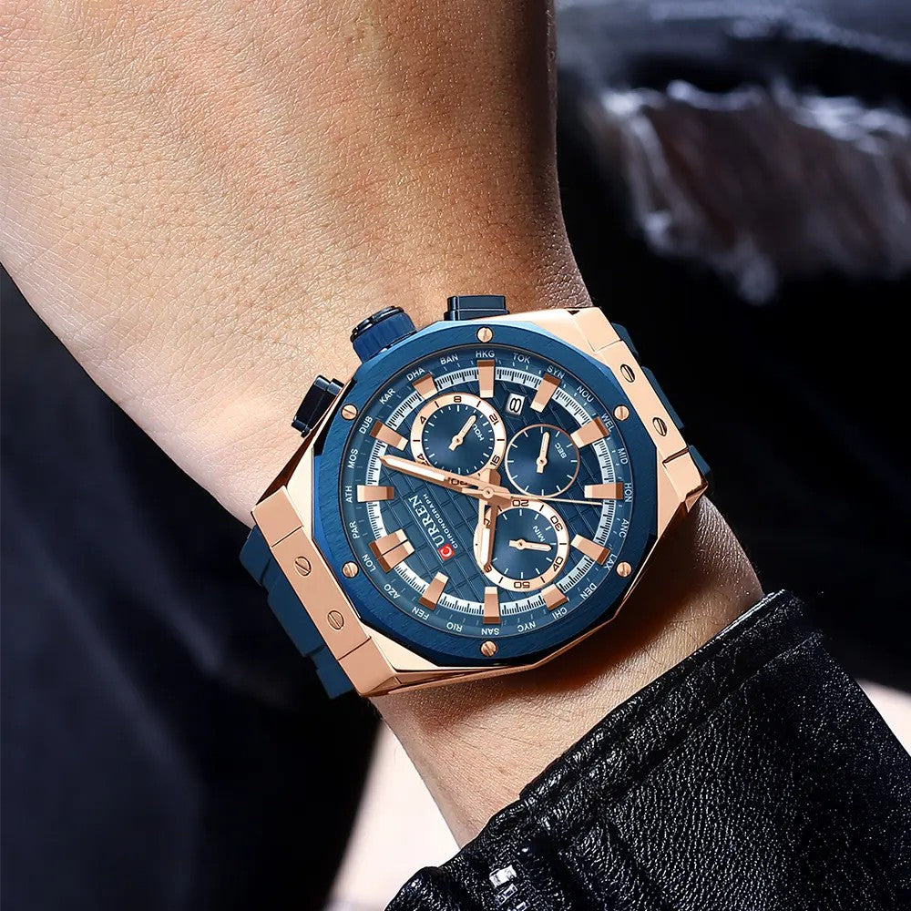 CURREN 8464 Multifunctional Chronograph Silicone Strap Luminous dial Men Watches- Blue & Rose Gold