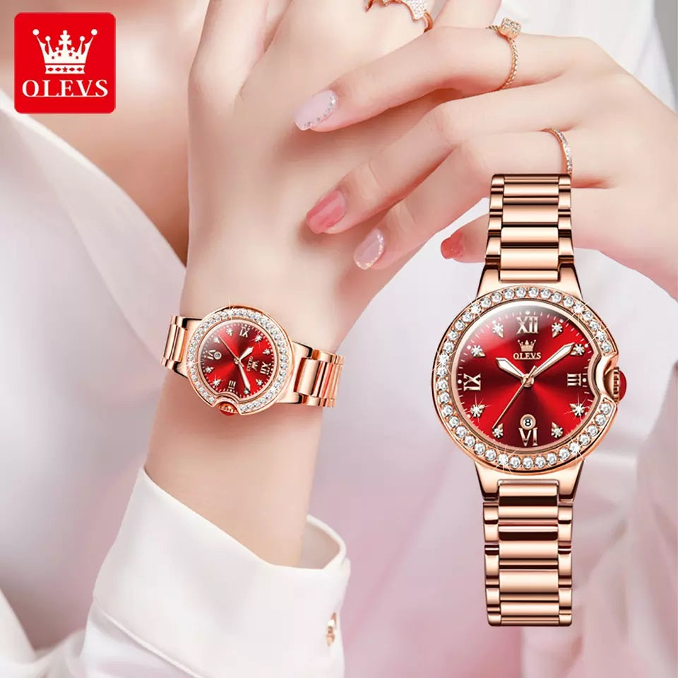 Olevs 5518 Luxury Fashion Quartz Wrist Watch for women- Rose Gold & Red
