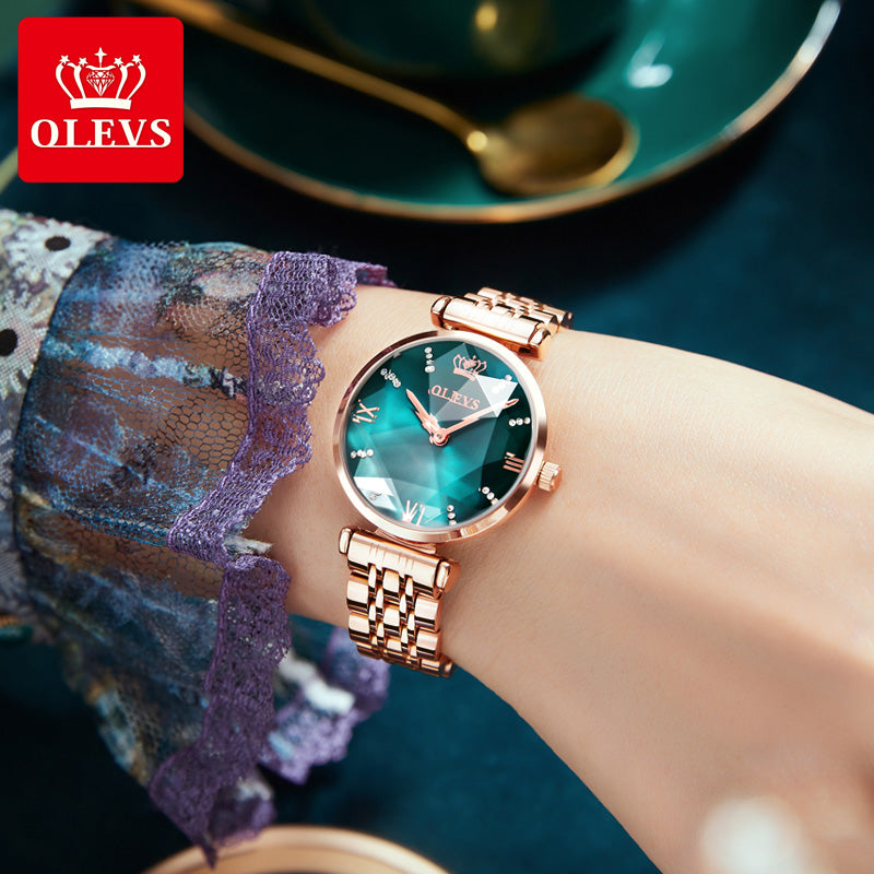 OLEVS 6642 Diamond Cart Stainless Steel Strap Japanese Movement Watch for women- Rose Gold & Bluish Green