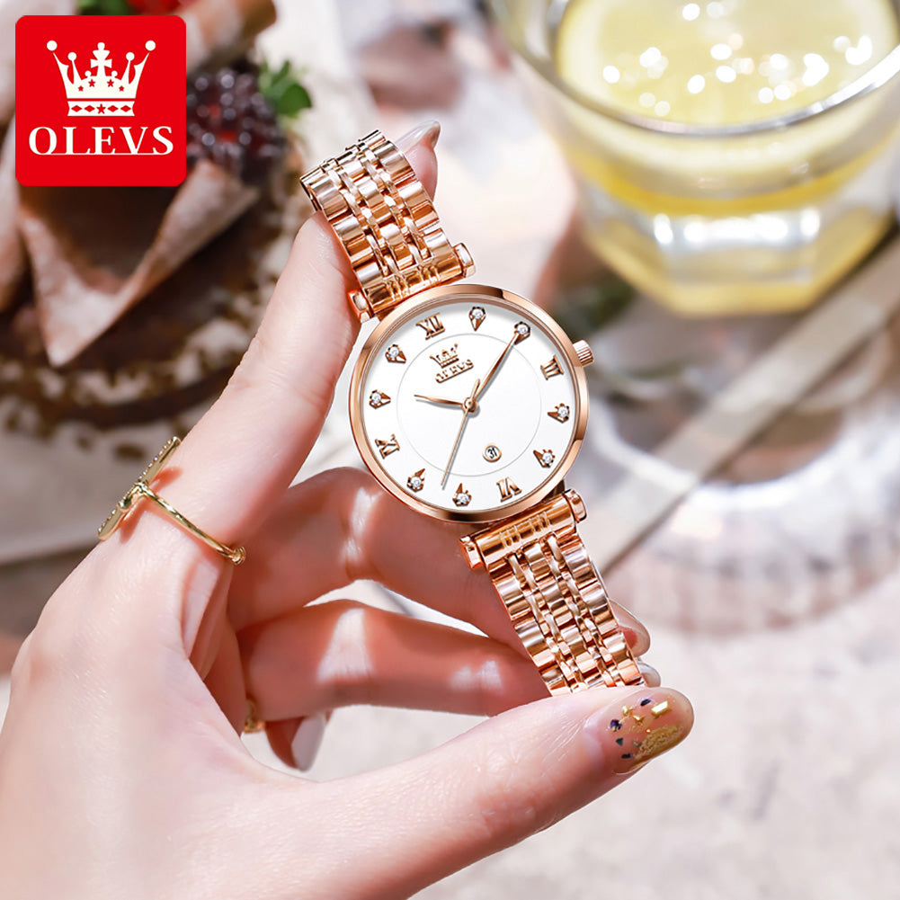 OLVES 5866 Luxury Fashion Quartz watch for women- Rose Gold & white