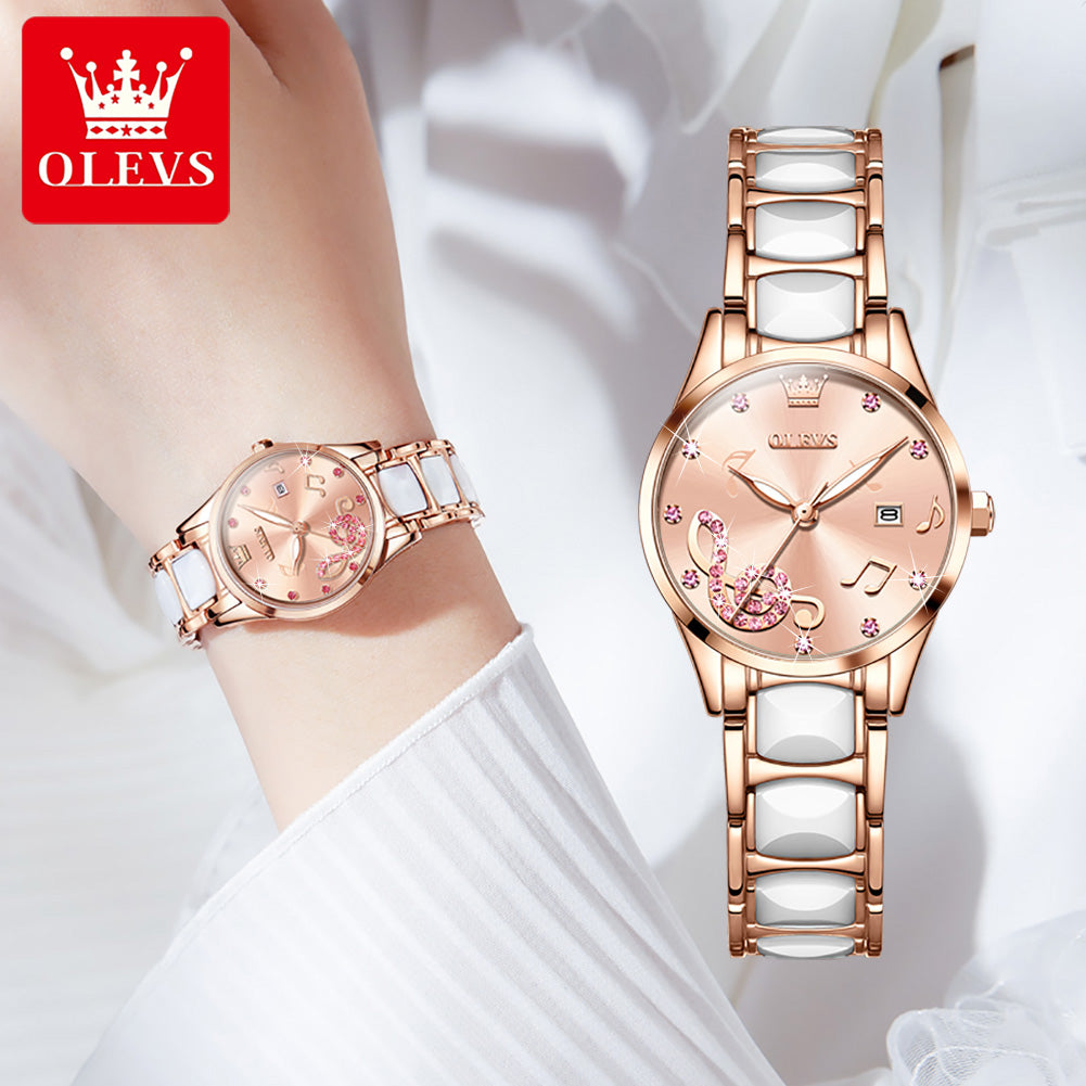 OLEVS 3605 Luxury Ceramic Quartz women wristwatch- Pink