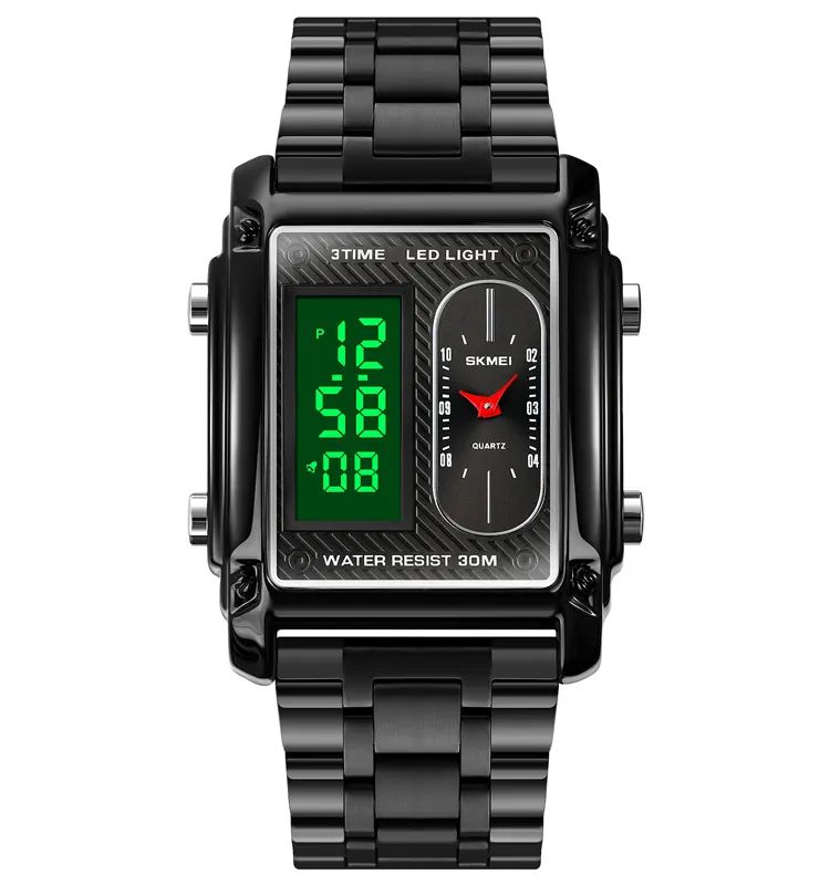 SKMEI 1868 Multiple Time Digital Analog Sport Stainless Steel Men’s Wristwatch- Black