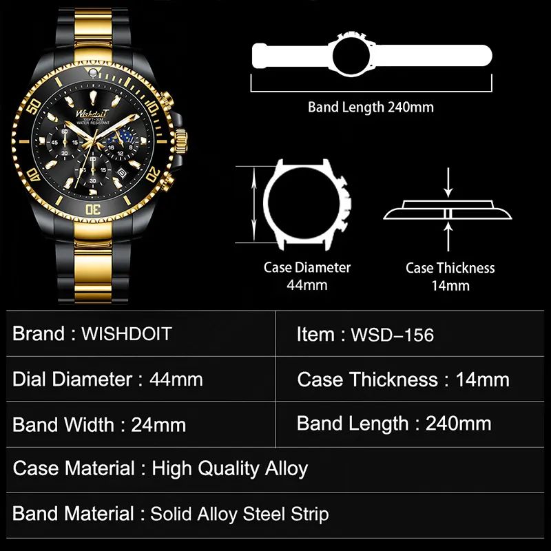 WISHDOIT 156 Luxury Brand Luminous Stainless Steel Wrist Watch for Men’s