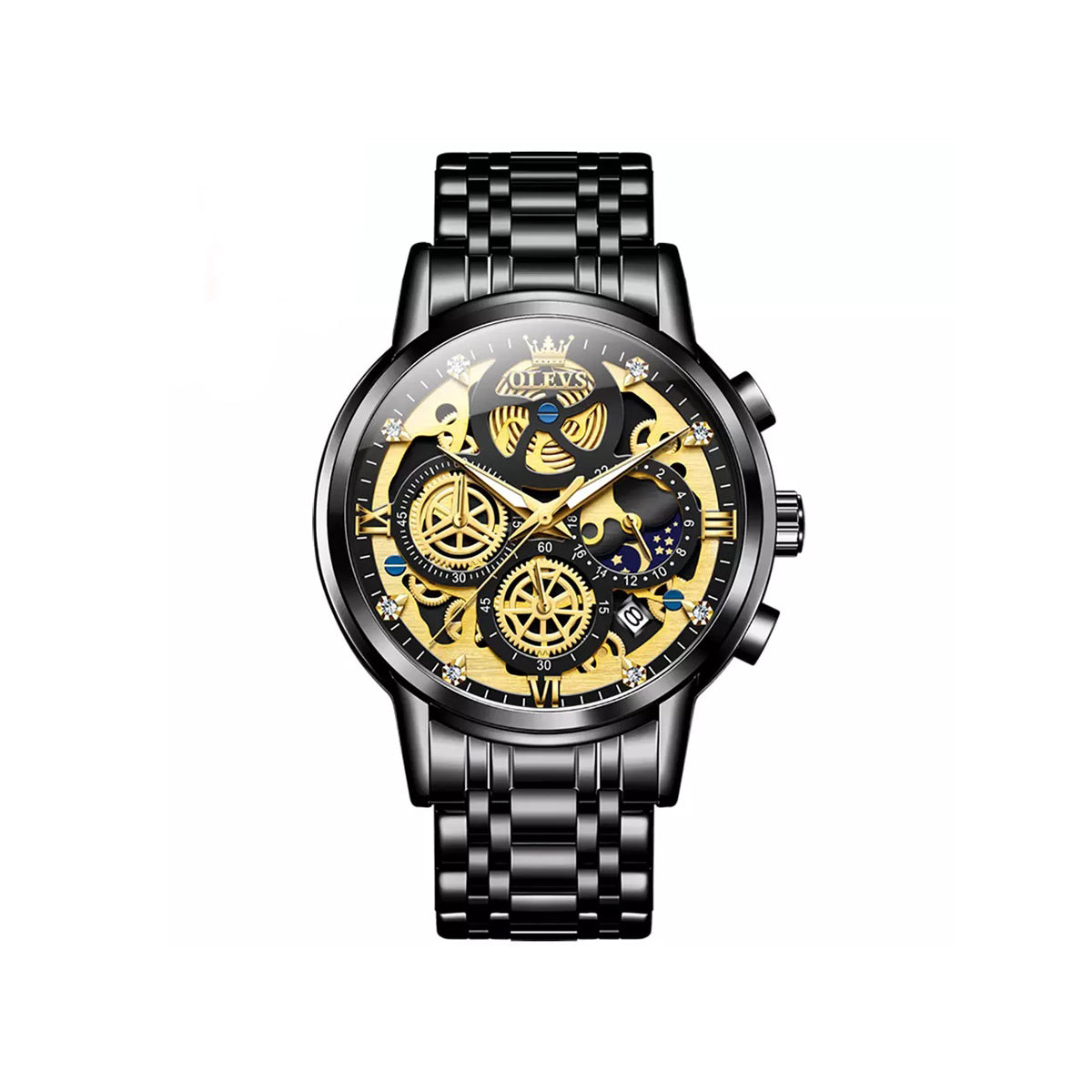 OLEVS 9947 Hollow-Carved Trendy Design Stainless Steel Chronograph Luminous Multifunctional Watch for Men’s- Black
