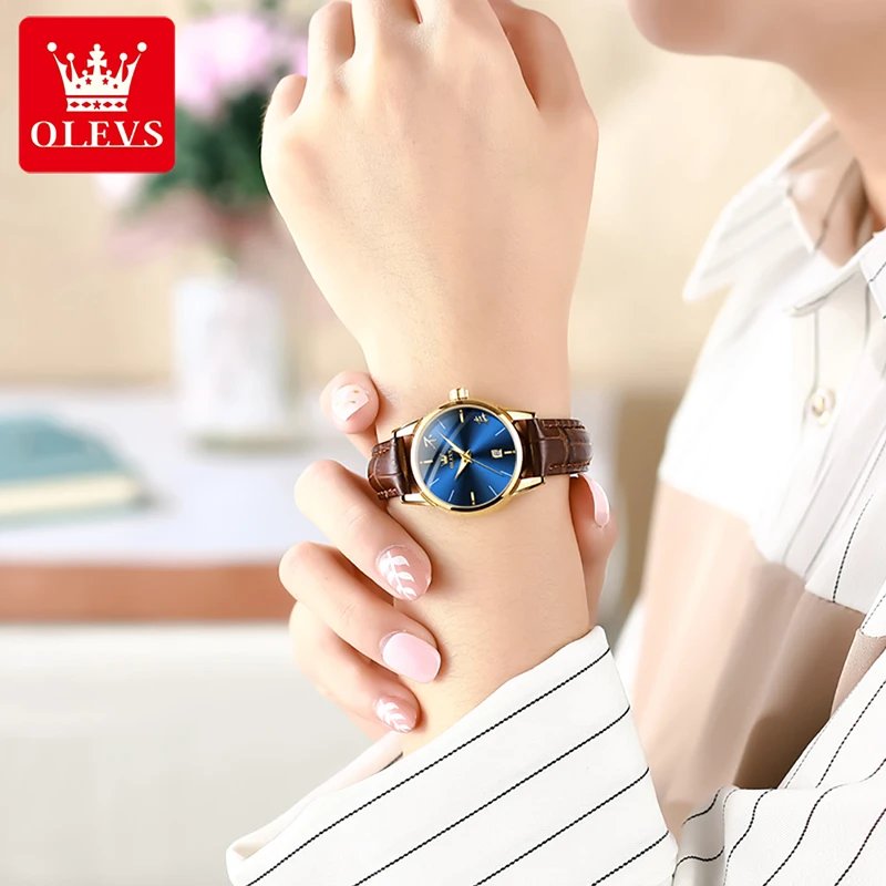Olevs 2865 Luxury Fashion Watch For Women- Brown Gold & Blue