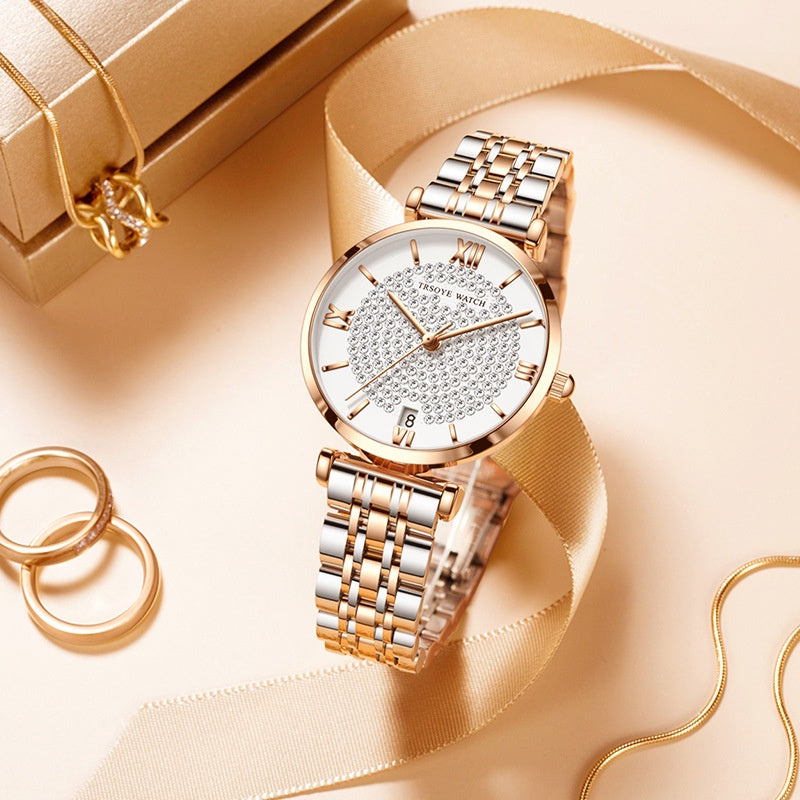 Trsoye 8821 luxury quartz women fashion watch- Silver & Rose Gold