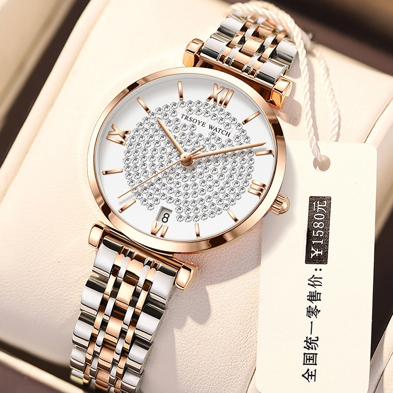 Trsoye 8821 luxury quartz women fashion watch- Silver & Rose Gold