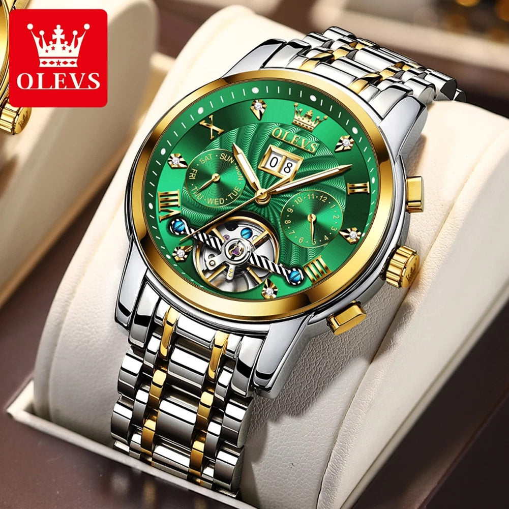 OLEVS 9910 Mechanical Wrist watch for Men- Silver Green