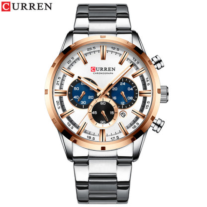 CURREN 8355 Multi-function Steel Strap Watch for Men - Silver & Rose Gold