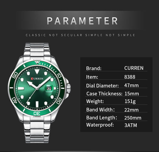 CURREN 8388 Chronograph Stainless Steel Watch for Men - Silver & Green