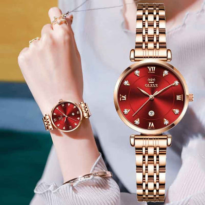 OLVES 5866 Luxury Fashion Quartz watch for women- Rose Gold & Red