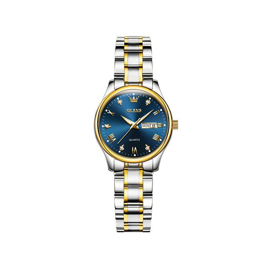 OLEVS 5563 Luxury Fashion round Ladies Quartz Watch - Silver Gold & Blue