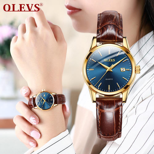 Olevs 6898 Luxury Brand Luminous Fashion Quartz Watch For Ladies- Brown & Blue