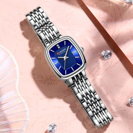 CURREN 9093 Luxury Square Stainless Steel Ladies Watch-Silver Blue