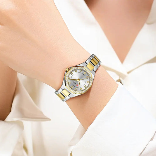CURREN 9100 Elegant Fashion Stainless Steel Ladies Watch-Gold White