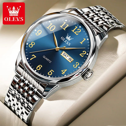 Olevs 5535 Stainless Steel Analog Wrist Watch For Men -Royal Blue & Silver
