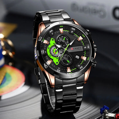 CURREN 8402 Chronograph Stainless Steel Watch for Men - Black & Green