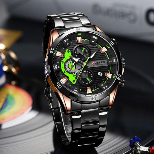 CURREN 8402 Chronograph Stainless Steel Watch for Men - Black & Green