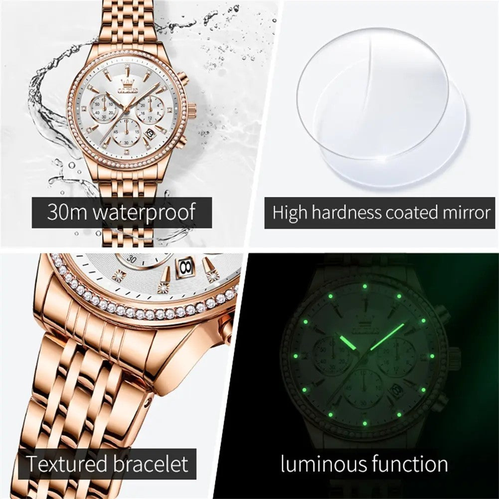 OLEVS 5582 Quartz Chronograph Watch for Women - Rose Gold & Silver