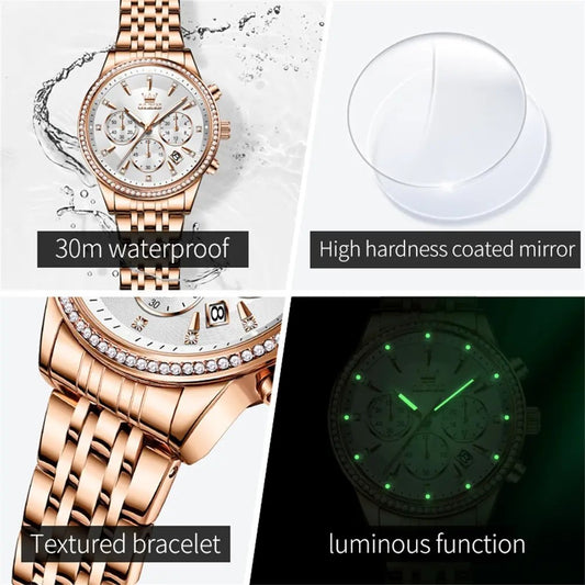 OLEVS 5582 Quartz Chronograph Watch for Women - Rose Gold & Silver