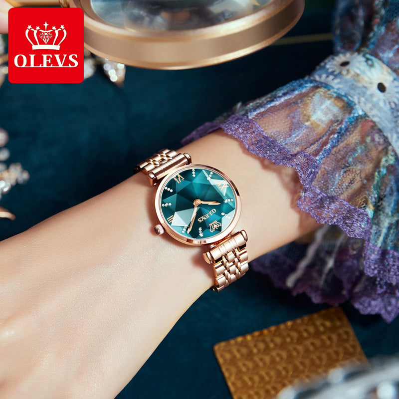 OLEVS 6642 Diamond Cart Stainless Steel Strap Japanese Movement Watch for women- Rose Gold & Bluish Green
