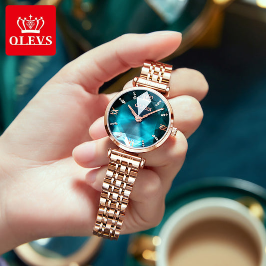 OLEVS 6642 Diamond Cart Stainless Steel Strap Japanese Movement Watch for women- Rose Gold & Bluish Green