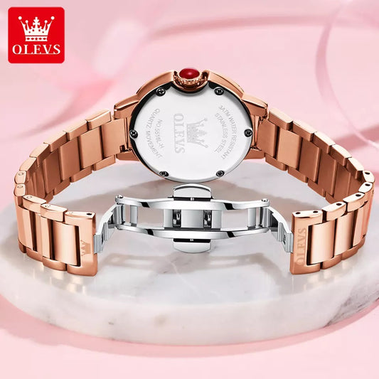 Olevs 5518 Luxury Fashion Quartz Wrist Watch for women- Rose Gold & Red