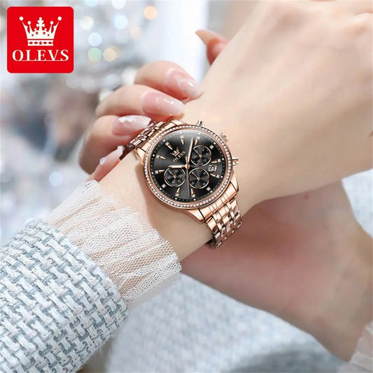 OLEVS 5582 Quartz Chronograph Watch for Women - Rose Gold & Black