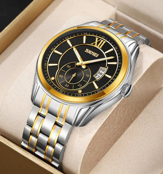Skmei 9319 Quartz Luminous Luxury Stainless Steel Classic Calendar Men’s Wrist-watches- Silver Gold & Black