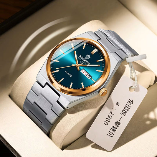 BINBOND 102 Stainless Steel Luxury Quartz Watch For Men- Silver Blue & Rose Gold