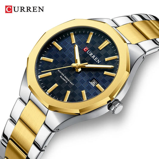 Curren 8477 Classical Luminous Reloj Hombre Quartz Stainless Steel Men’s Wrist-watch- Silver Gold & Blue