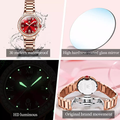 Olevs 5518 Luxury Fashion Quartz Wrist Watch for women- Rose Gold & Red