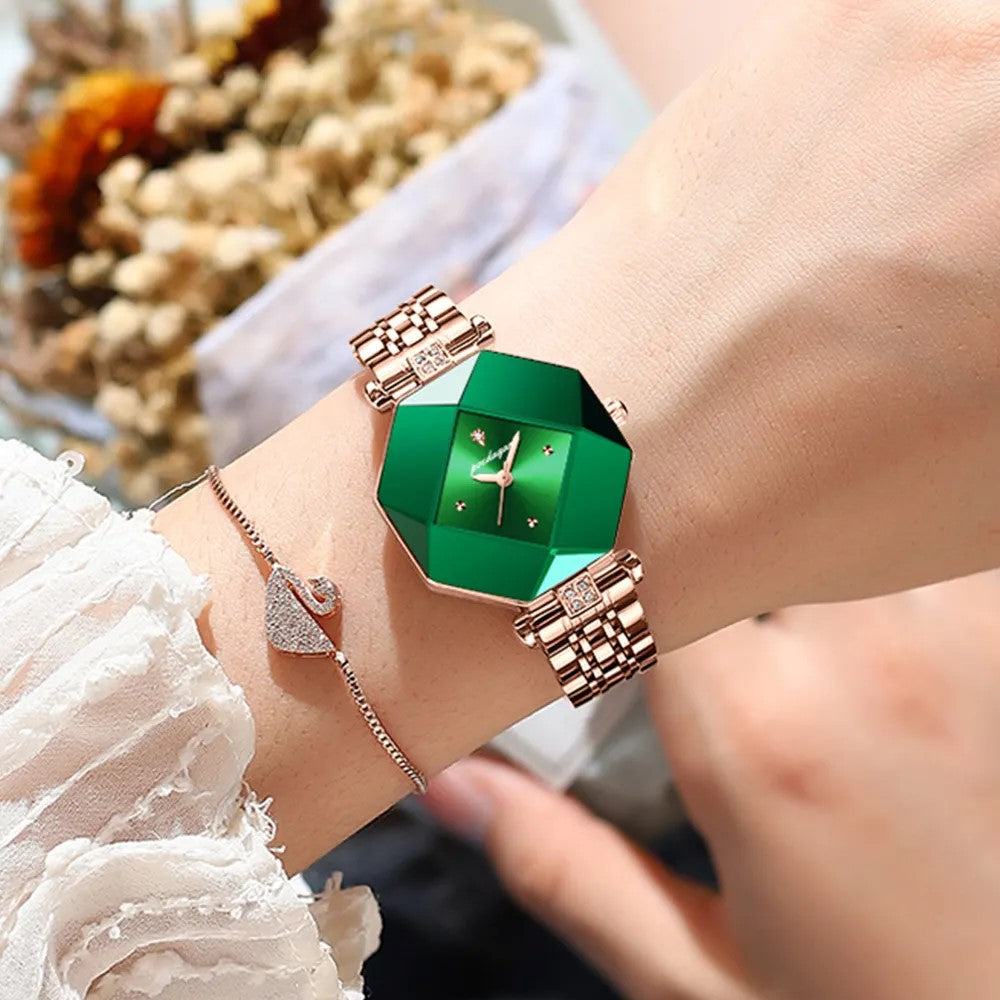 POEDAGAR 005 Swiss Ultra Thin Fashion Decorative Women Watch- Rose Gold & Green