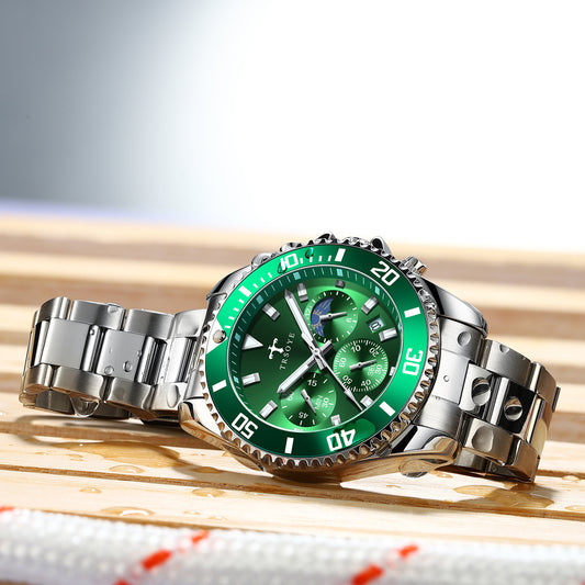 Trsoye 688 Casual Men’s steel Strap 3 dials water resistant date display business watch- Silver Green