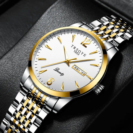 Trsoye 068 Custom Strap Design Fashion Hands Men Wristwatch- Silver & Gold