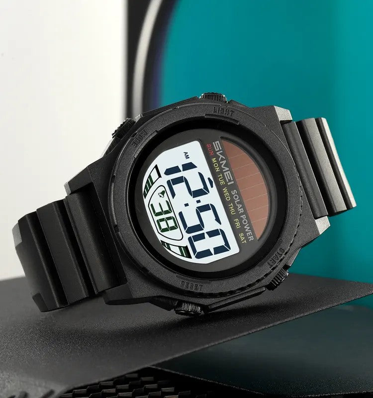 SKMEI 2358 Solar Powered Water Resistant Complete Calendar Date Alarm Multiple Sport Watch- Black