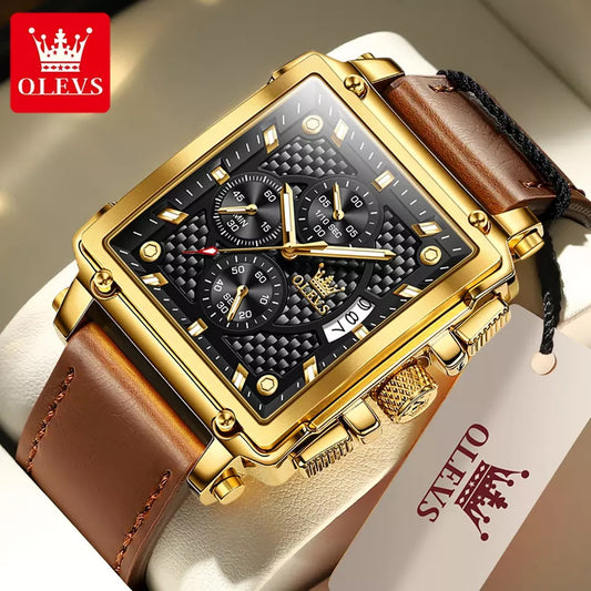 Olevs 9925 Stainless Steel Analog Leather Belt Watch For Men - Brown & Black