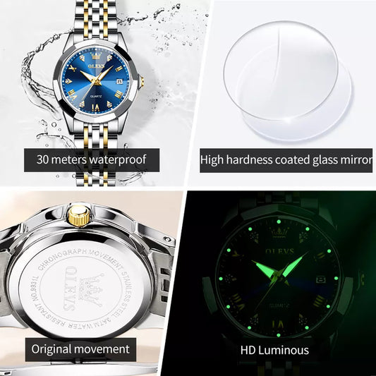 OLEVS 9931 Luxury Water-resistant women Quartz Wristwatch- Silver Gold & Blue