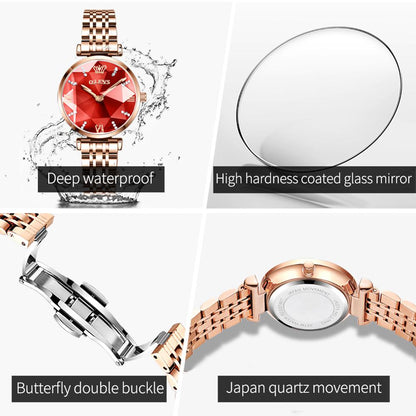 OLEVS 6642 Diamond Cart Stainless Steel Strap Japanese Movement Watch for women- Rose Gold & Red