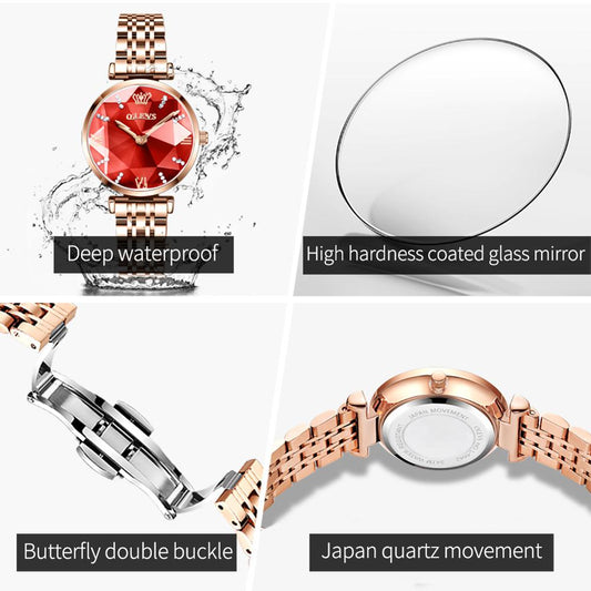 OLEVS 6642 Diamond Cart Stainless Steel Strap Japanese Movement Watch for women- Rose Gold & Red