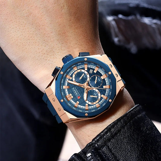 CURREN 8464 Multifunctional Chronograph Silicone Strap Luminous dial Men Watches- Blue & Rose Gold