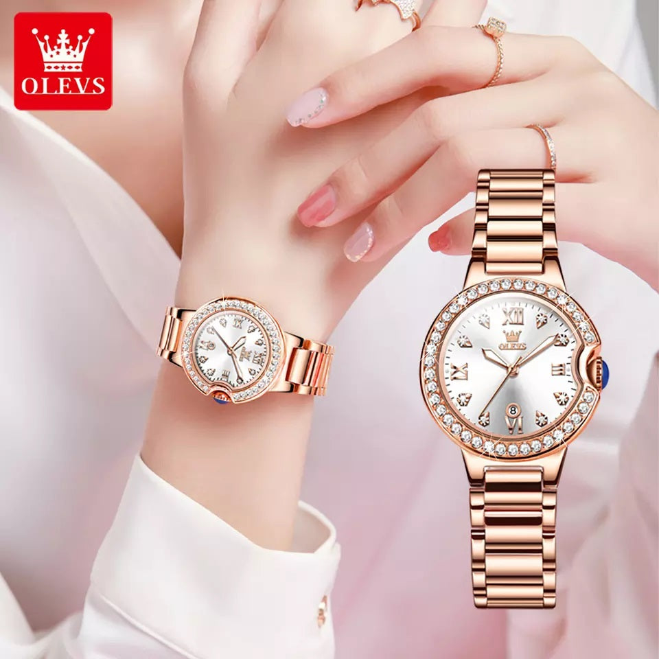 Olevs 5518 Luxury Fashion Quartz Wrist Watch for women- Rose Gold & White