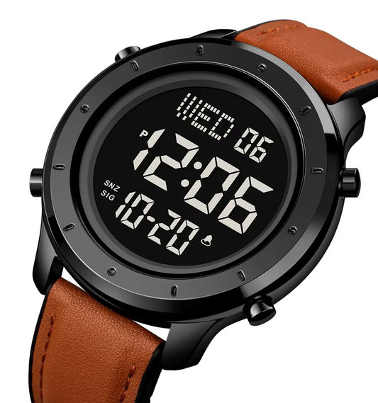 SKMEI 1864 Metal Steel Leather Digital Sport Wrist Watches for Men- Brown