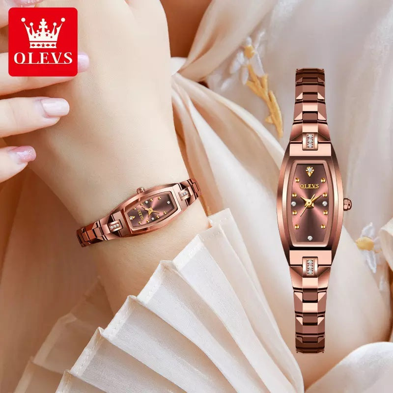 OLEVS 5501 Tungsten Steel Elegant Design with Diamond Relogio Feminino Quartz Women's Watch- Rose Gold