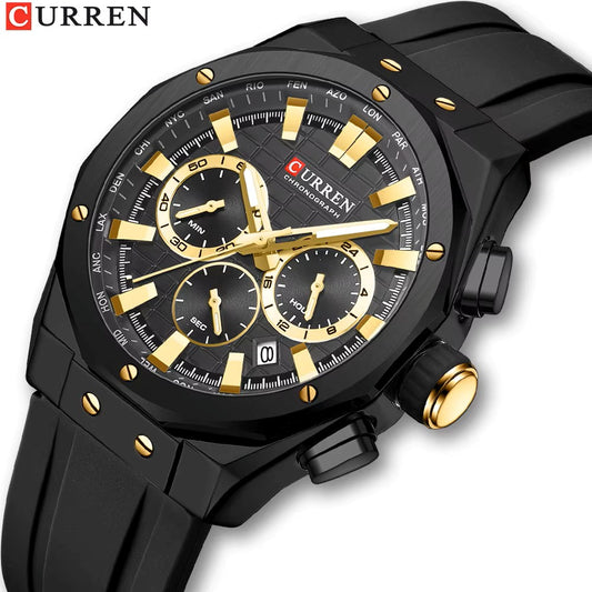 CURREN 8464 Multifunctional Chronograph Silicone Strap Luminous dial Men Watches- Black