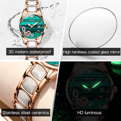 OLEVS 3605 Luxury Ceramic Quartz women wristwatch- Green