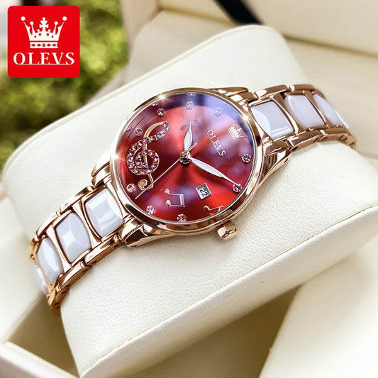 OLEVS 3605 Luxury Ceramic Quartz women wristwatch- Red