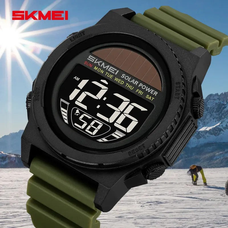 SKMEI 2358 Solar Powered Water Resistant Complete Calendar Date Alarm Multiple Sport Watch- Green Black